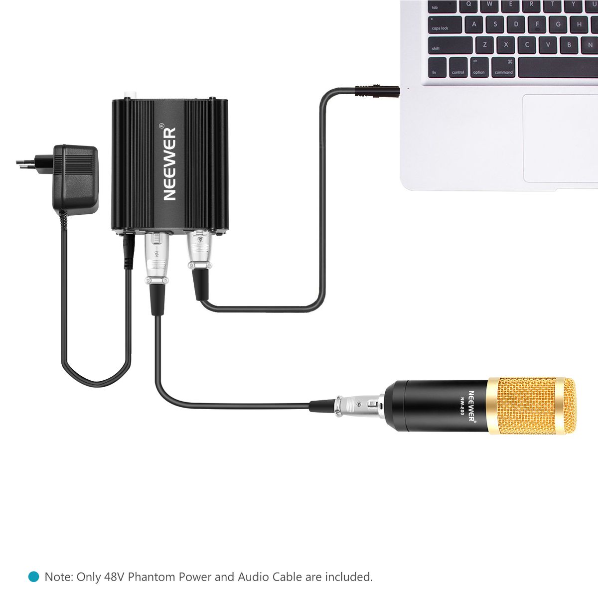 1 Channel 48V Phantom Power Supply With Adapter, Bonus+XLR 3 Pin Microphone Cable For Any Condenser Microphone Music Recording Equipment (8 Feet)