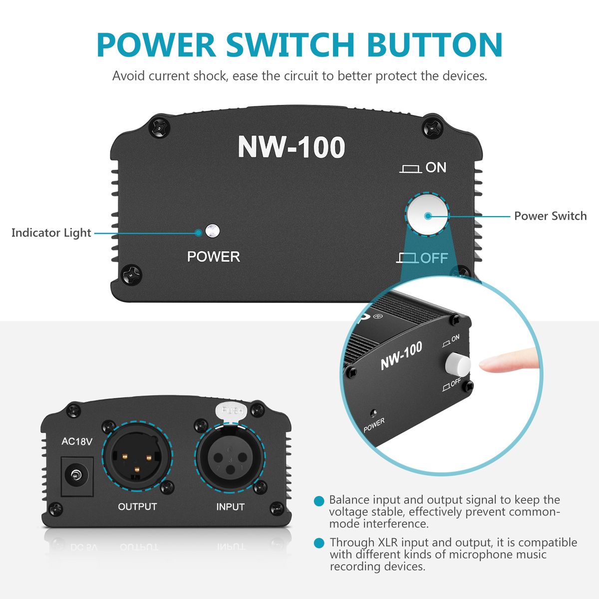1 Channel 48V Phantom Power Supply With Adapter, Bonus+XLR 3 Pin Microphone Cable For Any Condenser Microphone Music Recording Equipment (8 Feet)