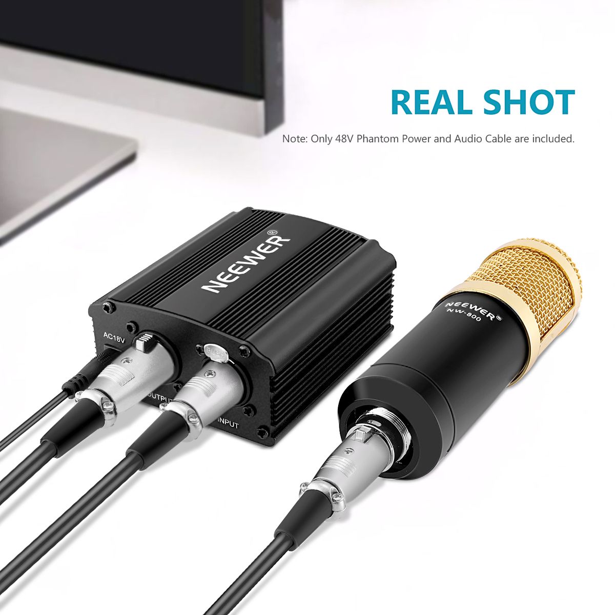 1 Channel 48V Phantom Power Supply With Adapter, Bonus+XLR 3 Pin Microphone Cable For Any Condenser Microphone Music Recording Equipment (8 Feet)