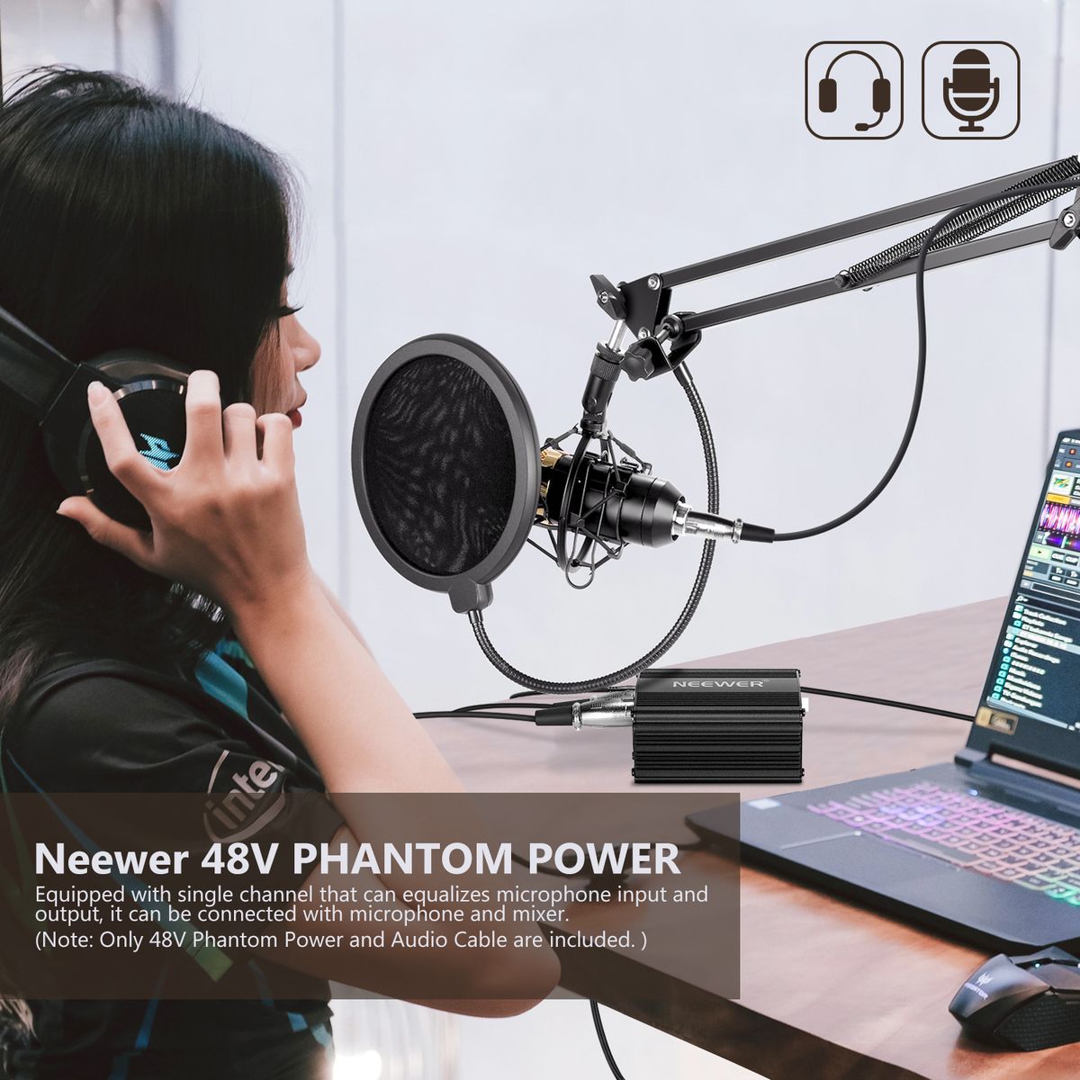 1 Channel 48V Phantom Power Supply With Adapter, Bonus+XLR 3 Pin Microphone Cable For Any Condenser Microphone Music Recording Equipment (8 Feet)