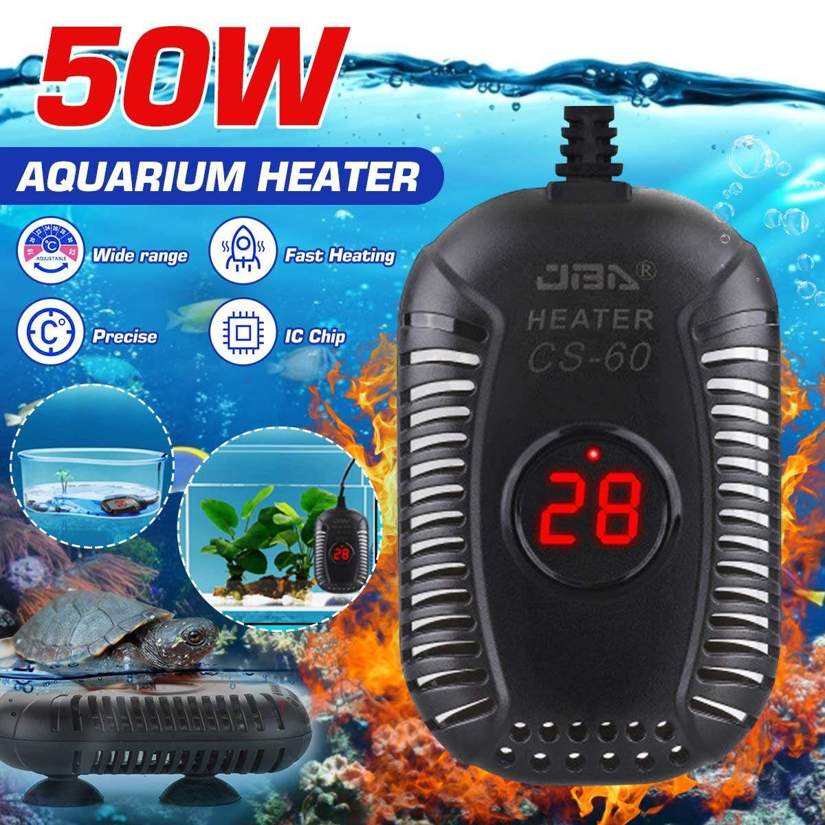 50W AC 220V LED Display Submersible Heating Aquarium Water Electric Heating Rod Temperature Controller For Glass Fish Tank Turtle Tan [Black]