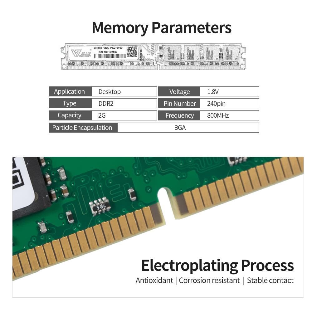 Vaseky 2G Memory DDR2 800 2G Desktop Memory High Speed Read/Write Noiseless Desktop Memory DDR2 800MHz