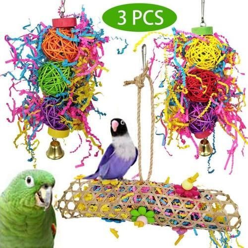 3 Pcs Parrot Bird Chew Cage Bite Haging Strip Woven Gass Foraging Cockatiel Toys