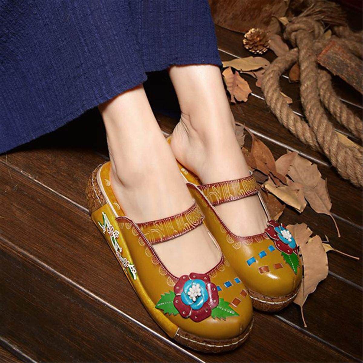 Summer New Leather Cowhide Thick Bottom Flat Sandals Candy Ladies Home Slippers Yellow 38