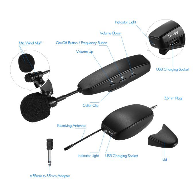 Wireless UHF Microphone System 2 Transmitter And 1 Receiver