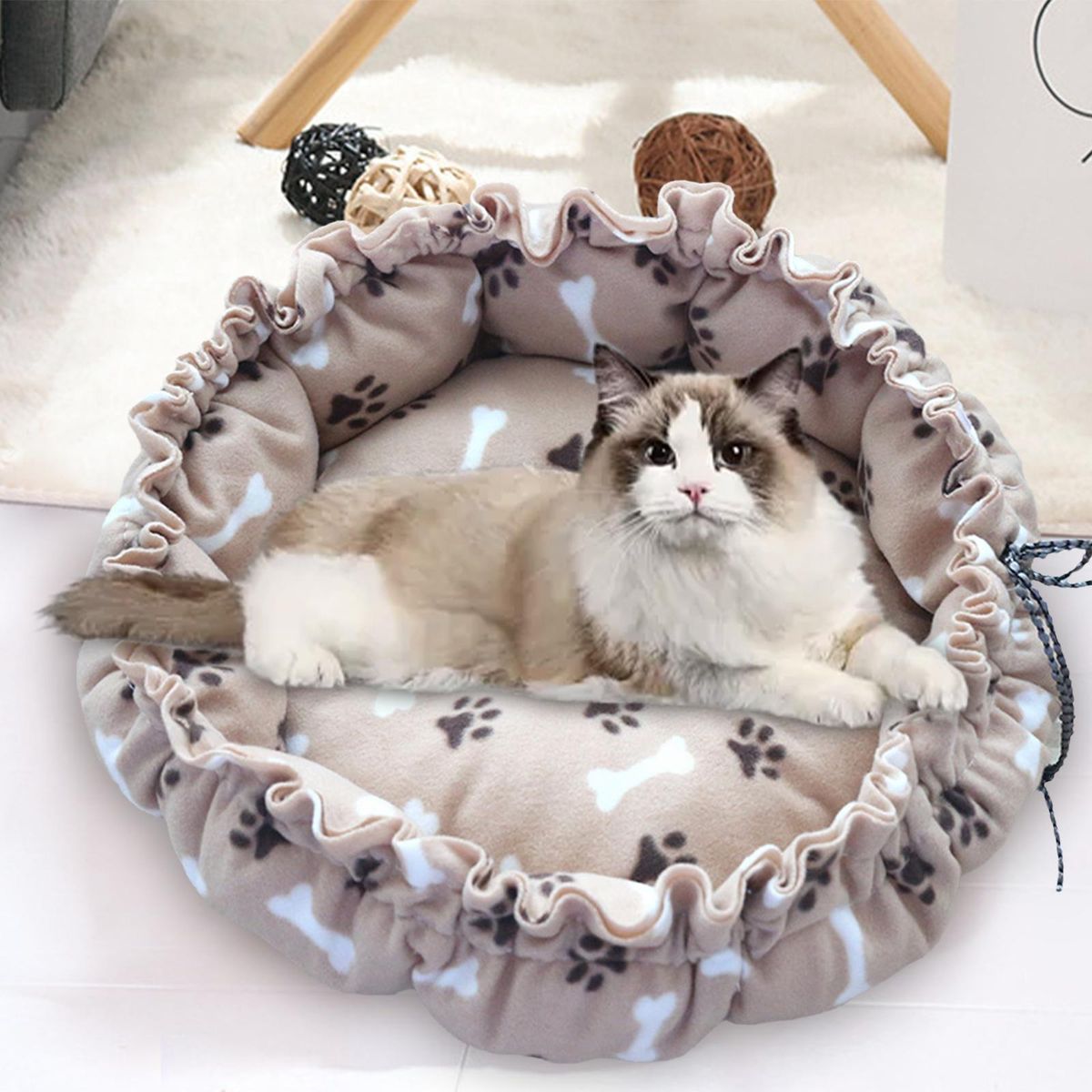Pet Dog Cat Bed Mat Warm Adjustable Brown Paw Print