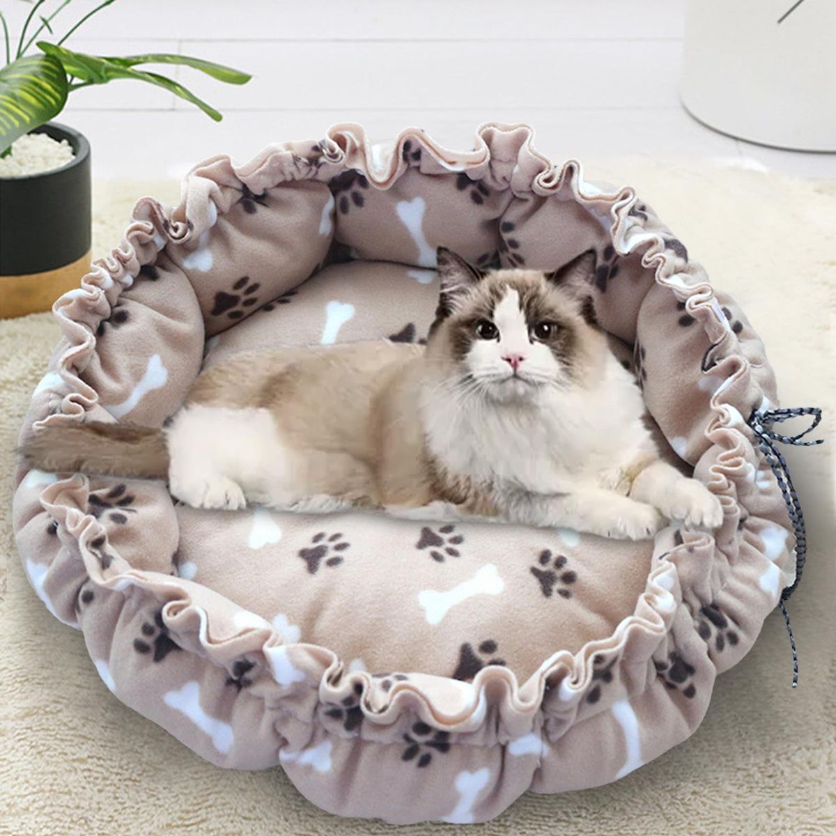 Pet Dog Cat Bed Mat Warm Adjustable Brown Paw Print