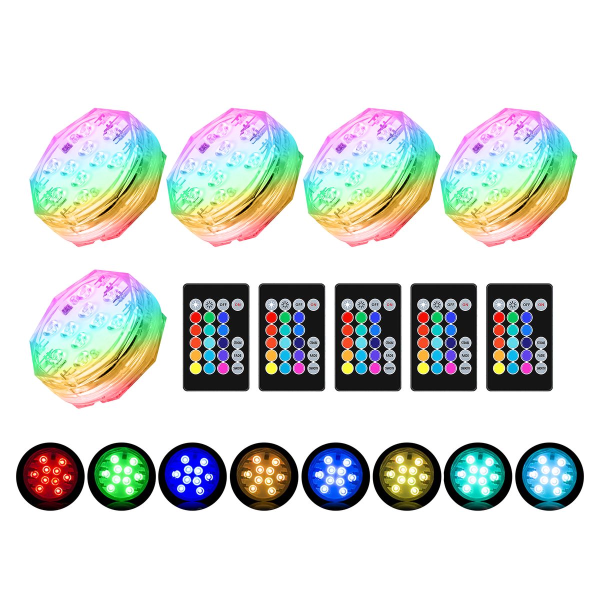 5PCS Submersible LED Lights With Remotes RGB 15 Colors