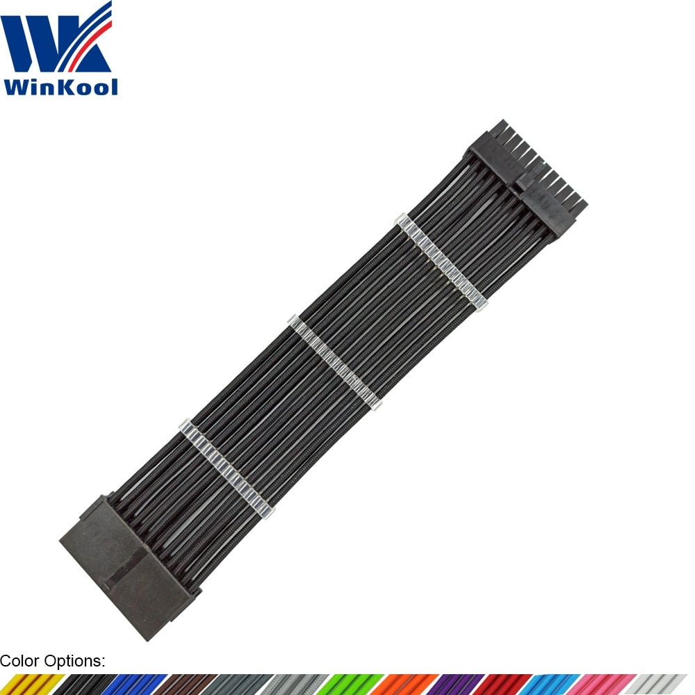 WinKool ATX MB 24PIN Female To Male 24P 18AWG Sleeved PSU Extension Power Cord / Cable With Black White Blue Red Sleeving