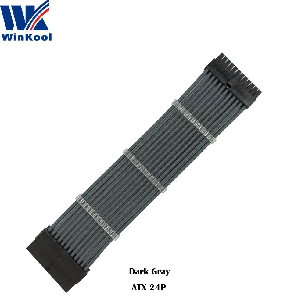 WinKool ATX MB 24PIN Female To Male 24P 18AWG Sleeved PSU Extension Power Cord / Cable With Black White Blue Red Sleeving
