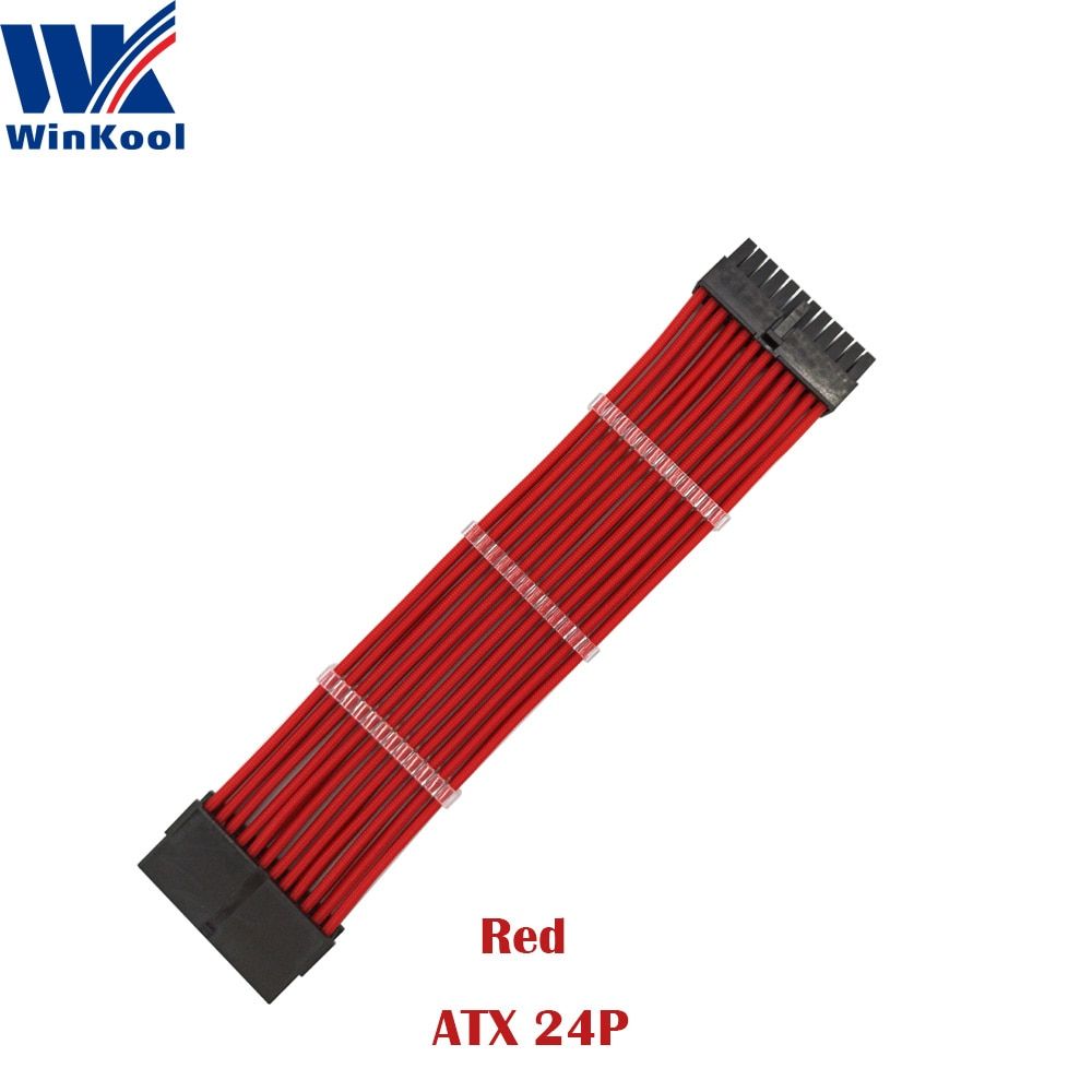 WinKool ATX MB 24PIN Female To Male 24P 18AWG Sleeved PSU Extension Power Cord / Cable With Black White Blue Red Sleeving