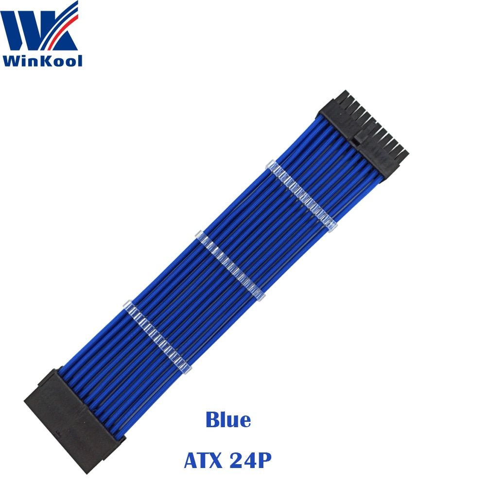 WinKool ATX MB 24PIN Female To Male 24P 18AWG Sleeved PSU Extension Power Cord / Cable With Black White Blue Red Sleeving