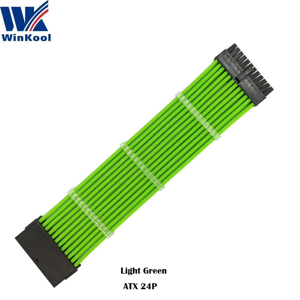 WinKool ATX MB 24PIN Female To Male 24P 18AWG Sleeved PSU Extension Power Cord / Cable With Black White Blue Red Sleeving