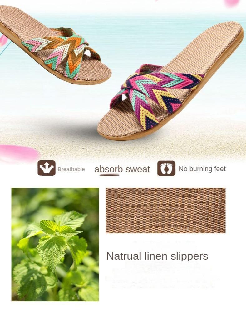 Women Summer Linen Woven Slippers Ultralight Sandal EVA Soft Sole - Black/Grey