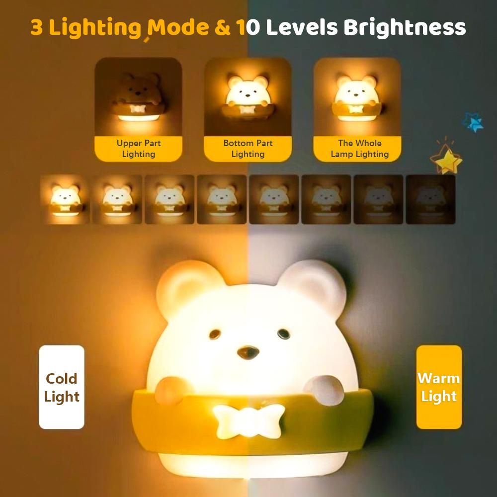 Cute Bear Baby Night Light Baby Bedside Lamp Kids Night Lights for Bedroom Cold & Warm Light 10 Adjustable Brightness Built-in Battery with Remote Control