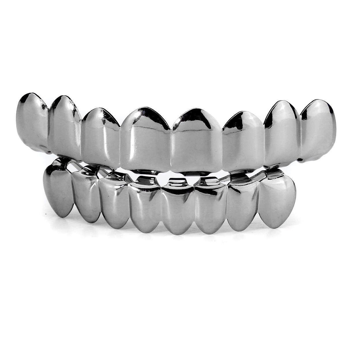 2PCS Gold Silver Plated Custom Hip Hop Teeth Grillz 8 Top Bottom Grill Teeth Mouth Black
