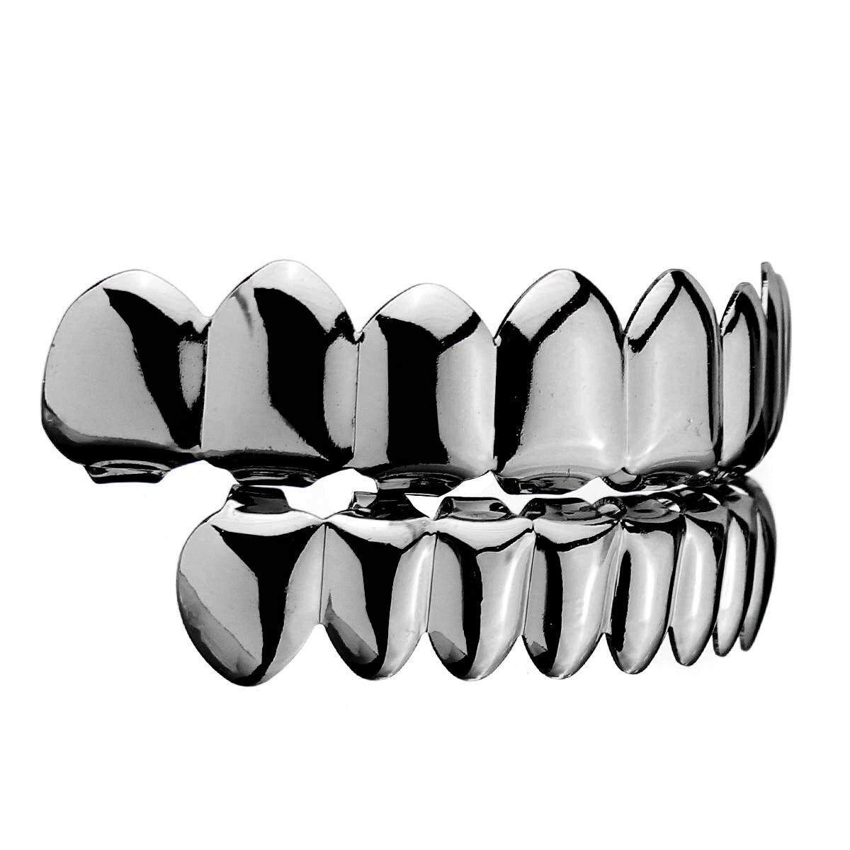 2PCS Gold Silver Plated Custom Hip Hop Teeth Grillz 8 Top Bottom Grill Teeth Mouth Black