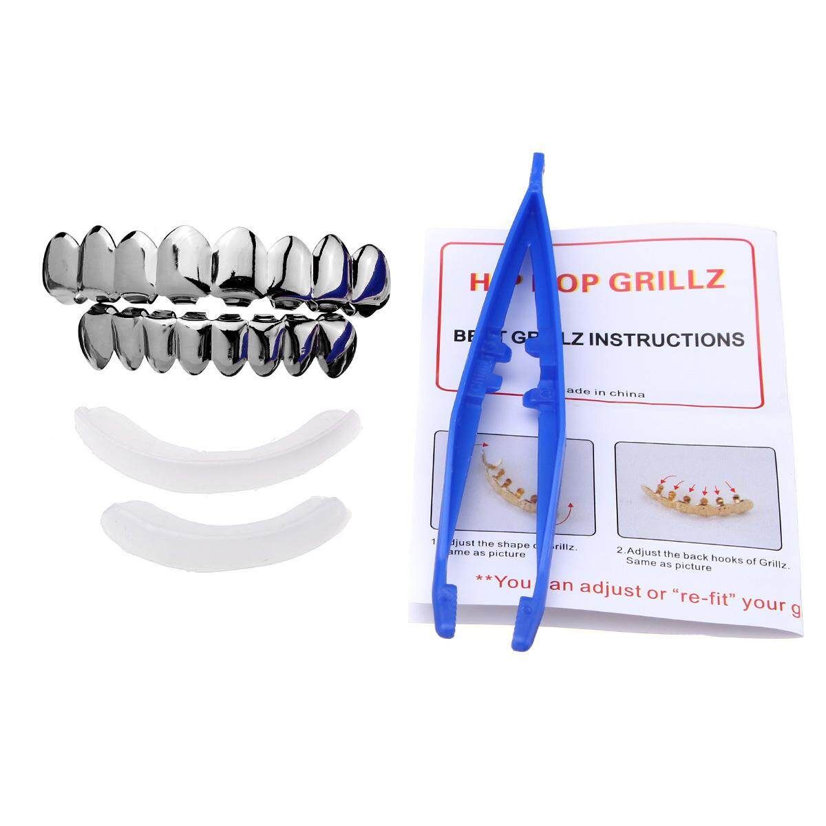 2PCS Gold Silver Plated Custom Hip Hop Teeth Grillz 8 Top Bottom Grill Teeth Mouth Black