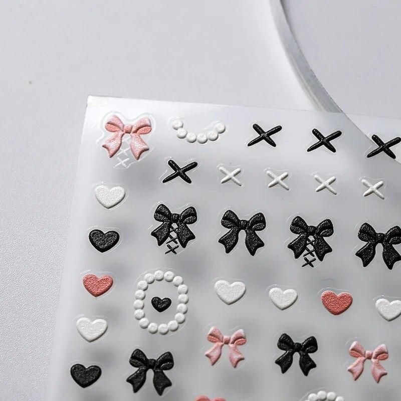 1 Sheet 5D Realistic Relief White Pearls Black Pink Bowknots Heart LatticeAdheisve Nail Art Stickers Decals Manicure Ornaments