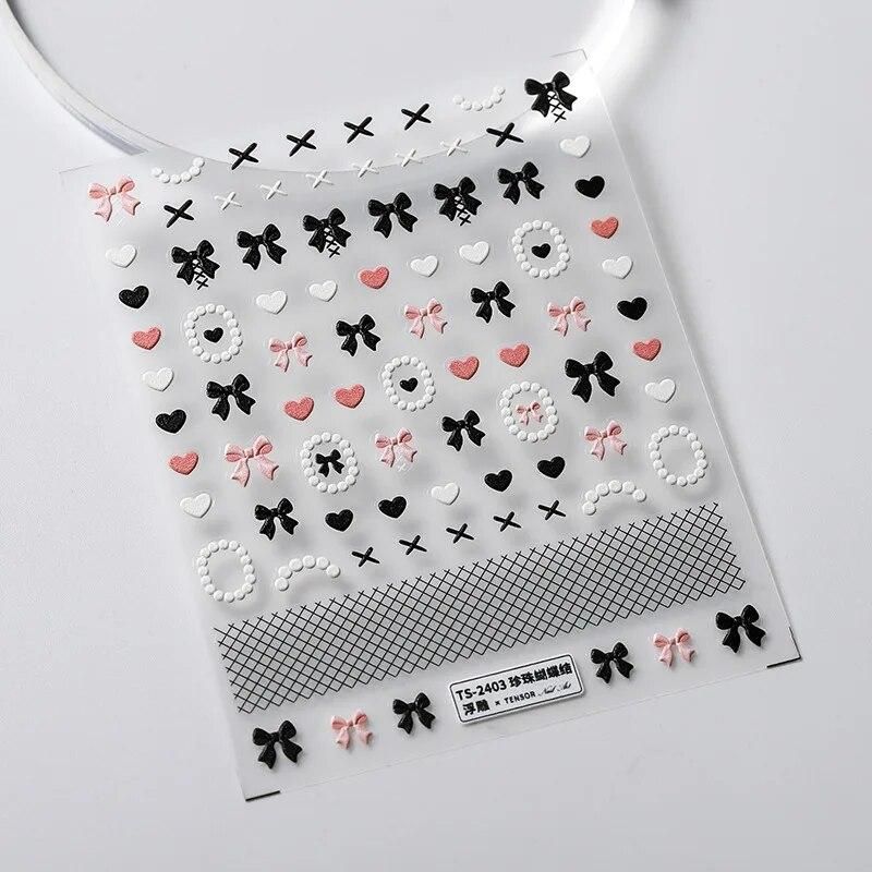 1 Sheet 5D Realistic Relief White Pearls Black Pink Bowknots Heart LatticeAdheisve Nail Art Stickers Decals Manicure Ornaments