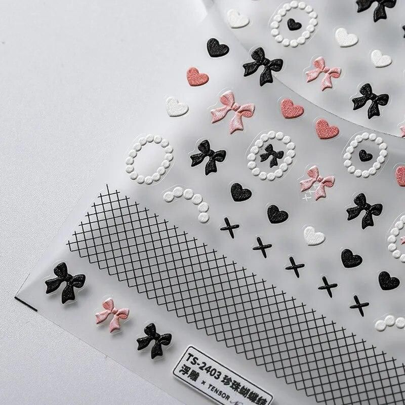 1 Sheet 5D Realistic Relief White Pearls Black Pink Bowknots Heart LatticeAdheisve Nail Art Stickers Decals Manicure Ornaments