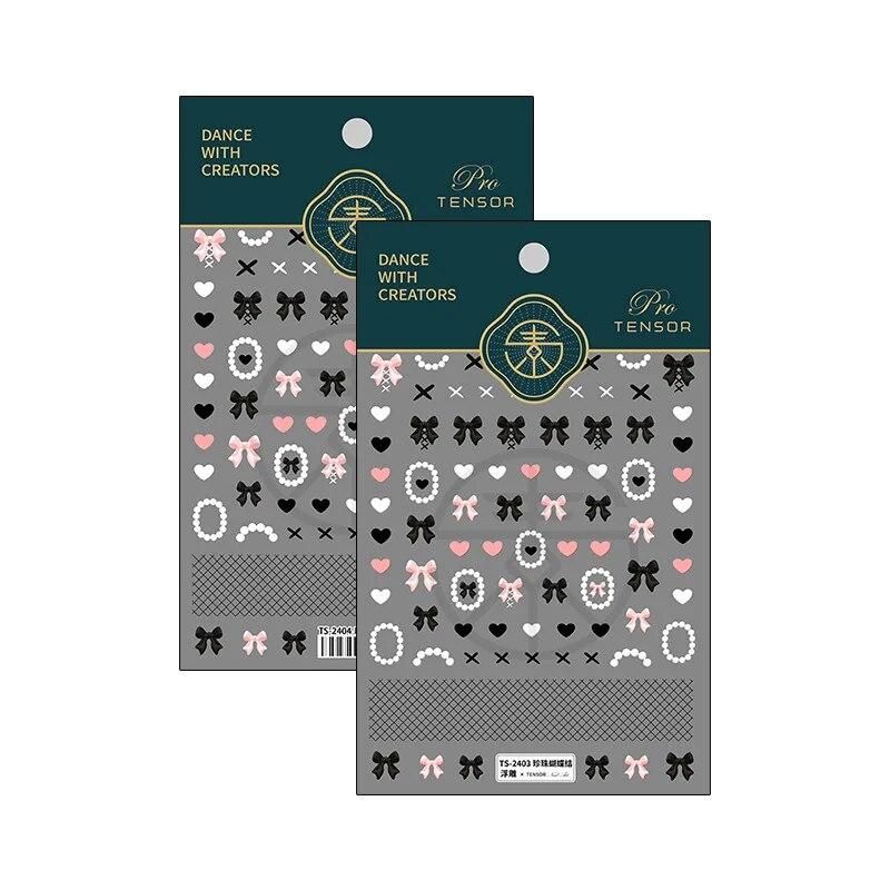 1 Sheet 5D Realistic Relief White Pearls Black Pink Bowknots Heart LatticeAdheisve Nail Art Stickers Decals Manicure Ornaments