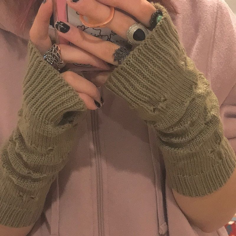 Women's Fingerless Gloves Emo Winter Gloves Mittens Goth Heated Gloves Arm Crochet Knitting Stylish Y2k Gothic Femenino Lolita Black