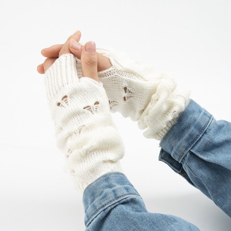 Women's Fingerless Gloves Emo Winter Gloves Mittens Goth Heated Gloves Arm Crochet Knitting Stylish Y2k Gothic Femenino Lolita Black