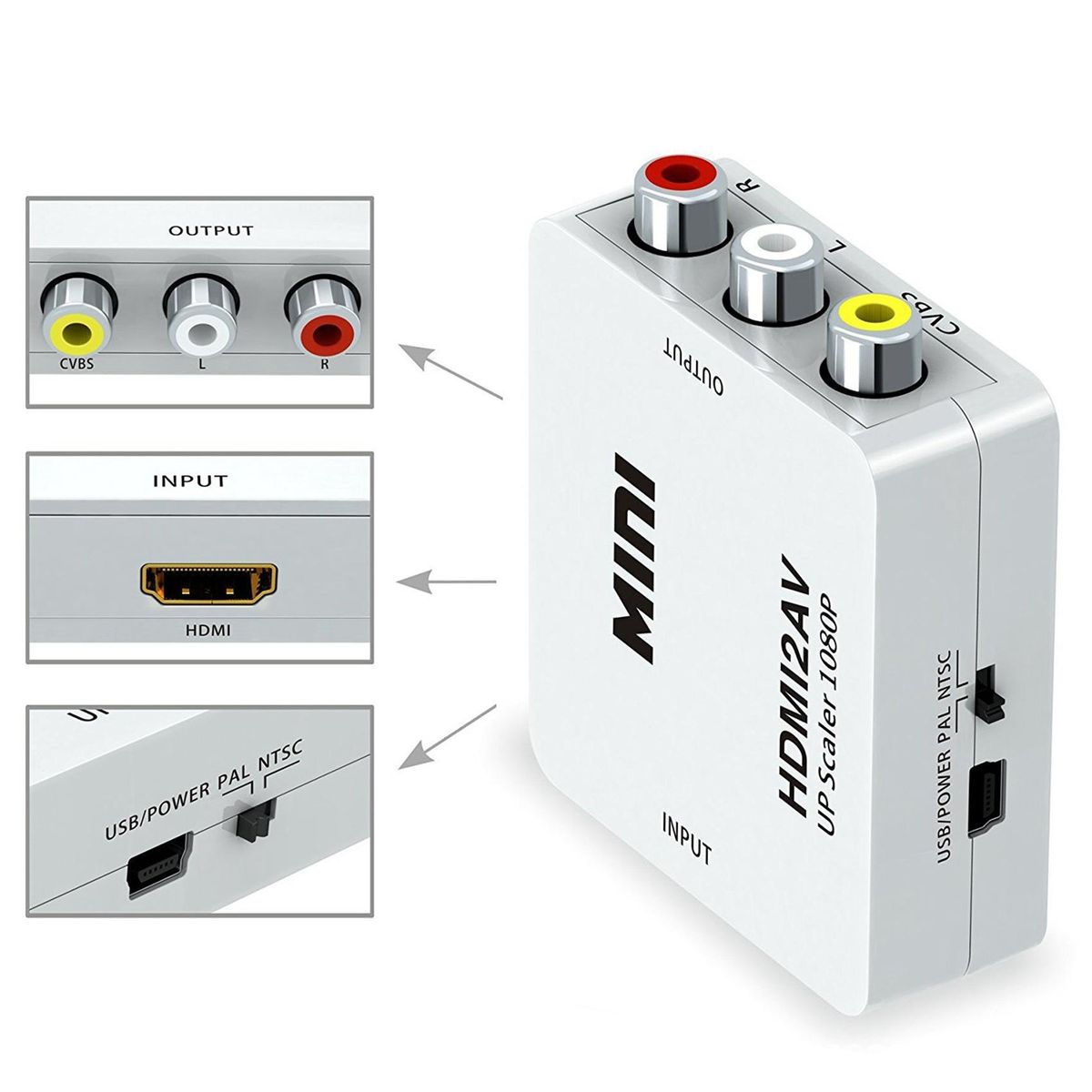 HDMI-Compatible to AV  RCA  Audio Video Converter, Support 1080P, NTSC/PAL Switching, for Game Console/TV/STB  White
