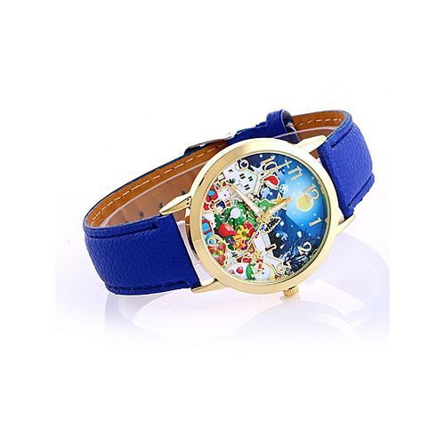 Christmas Cartoon Pattern Dial Analogy Display Quartz Women Wrist Watch-Blue