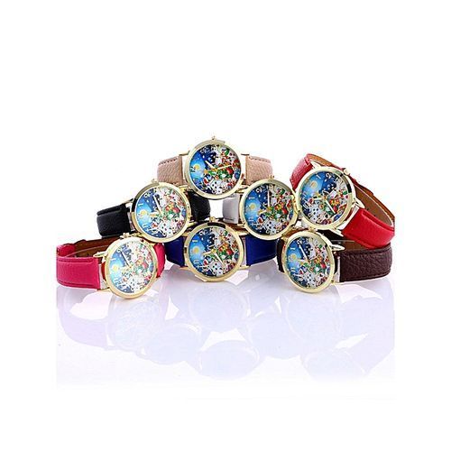 Christmas Cartoon Pattern Dial Analogy Display Quartz Women Wrist Watch-Blue