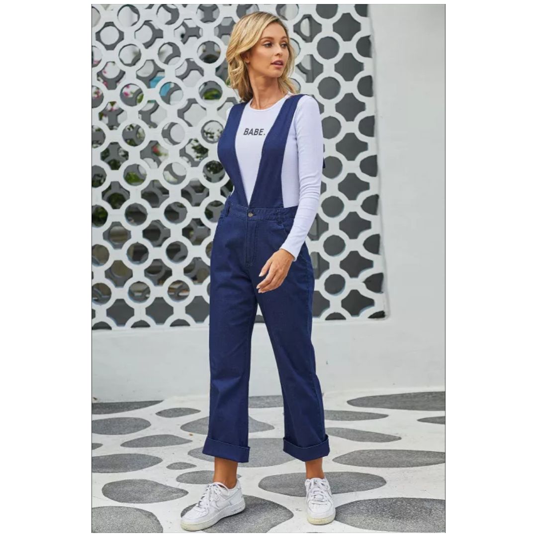 R Blue Straight Leg High Waist Denim Overall