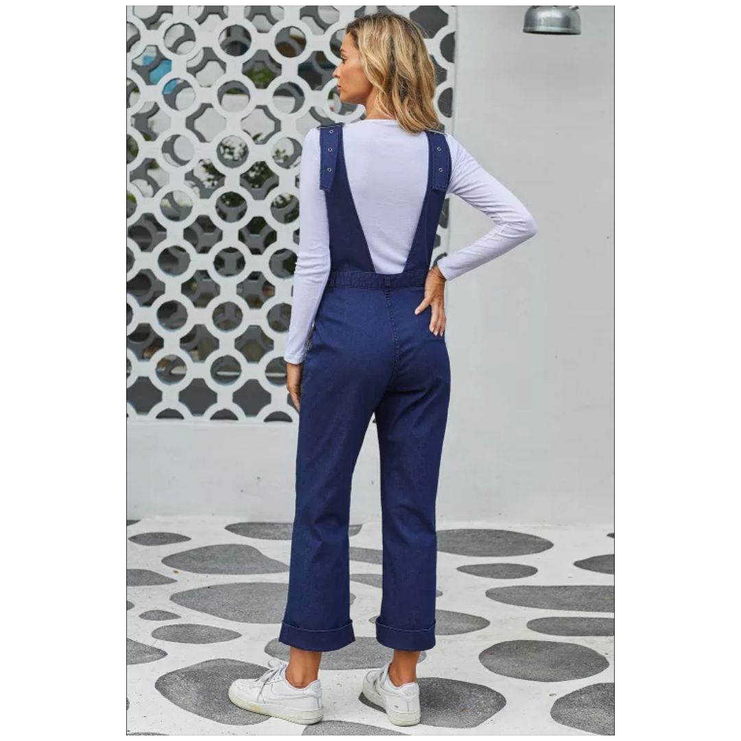 R Blue Straight Leg High Waist Denim Overall