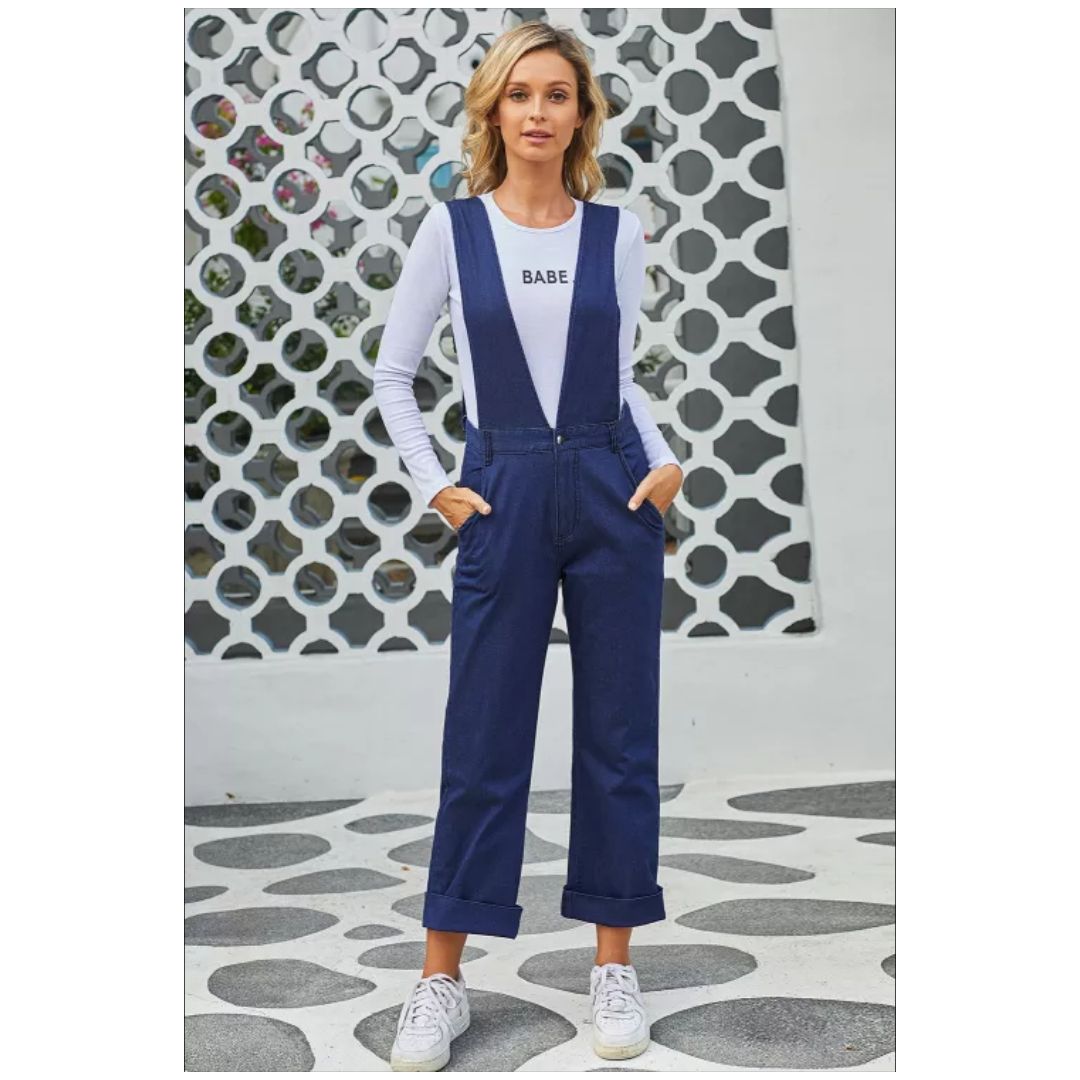 R Blue Straight Leg High Waist Denim Overall