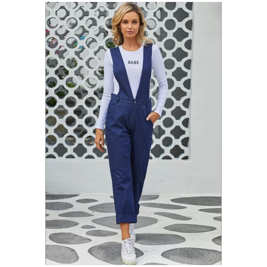 R Blue Straight Leg High Waist Denim Overall