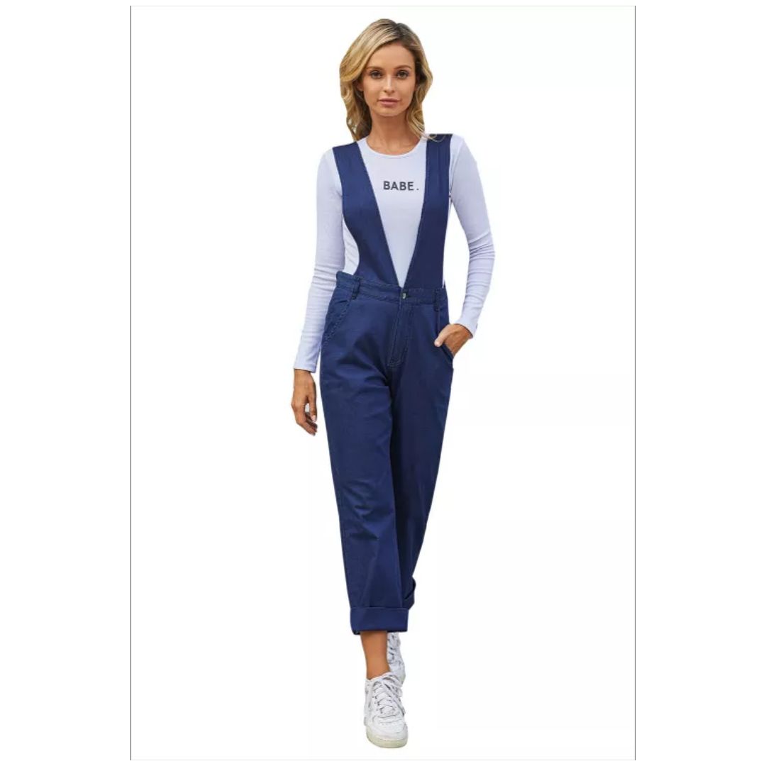 R Blue Straight Leg High Waist Denim Overall
