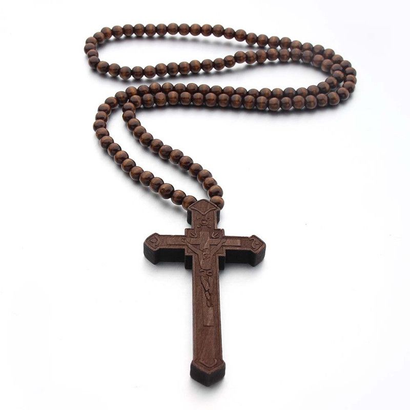 High Quality Wood Catholic  Cross With Wooden Bead Carved
