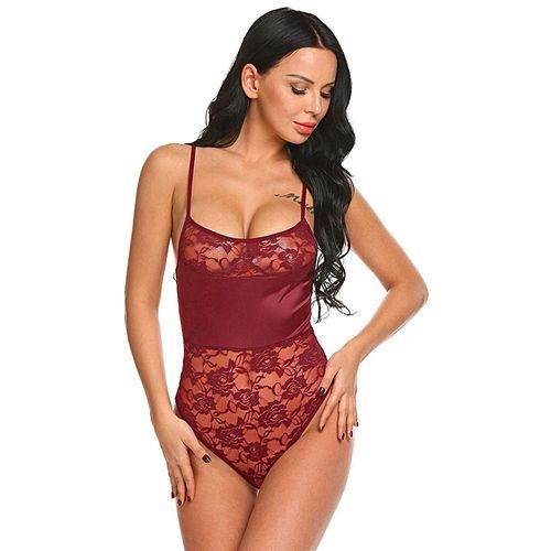 Women Sexy Lingerie Set Floral Lace High Leg Cut See-through Patchwork Bodydoll-Dark Red