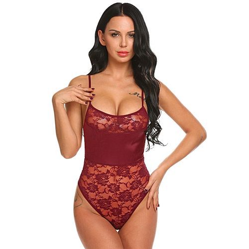 Women Sexy Lingerie Set Floral Lace High Leg Cut See-through Patchwork Bodydoll-Dark Red