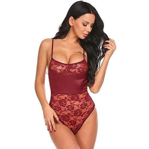 Women Sexy Lingerie Set Floral Lace High Leg Cut See-through Patchwork Bodydoll-Dark Red