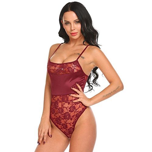 Women Sexy Lingerie Set Floral Lace High Leg Cut See-through Patchwork Bodydoll-Dark Red