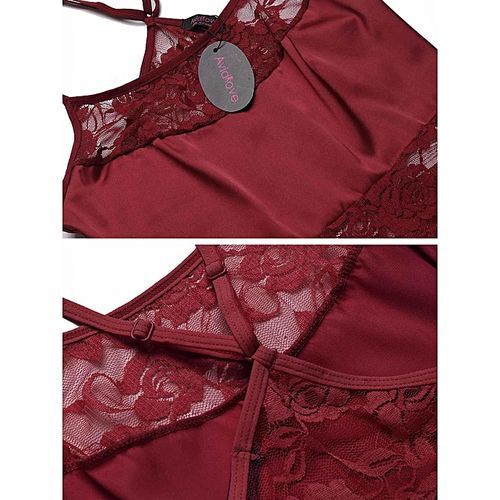 Women Sexy Lingerie Set Floral Lace High Leg Cut See-through Patchwork Bodydoll-Dark Red