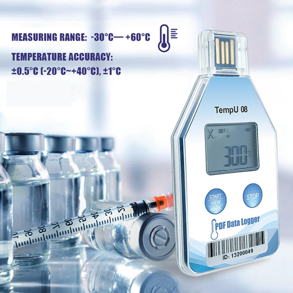 TempU08 Temperature Data 32000 Capacity PDF Report Support Reuse IP67 Temperature Record Cold Chain Recorder