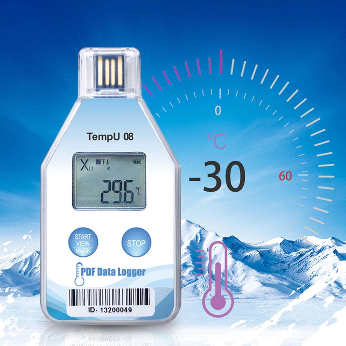 TempU08 Temperature Data 32000 Capacity PDF Report Support Reuse IP67 Temperature Record Cold Chain Recorder