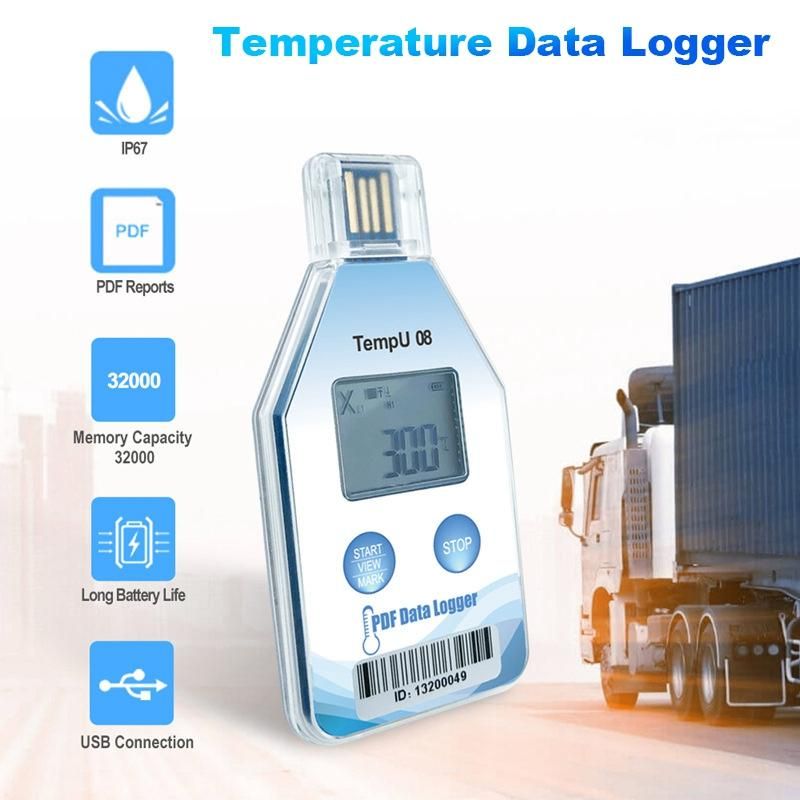 TempU08 Temperature Data 32000 Capacity PDF Report Support Reuse IP67 Temperature Record Cold Chain Recorder