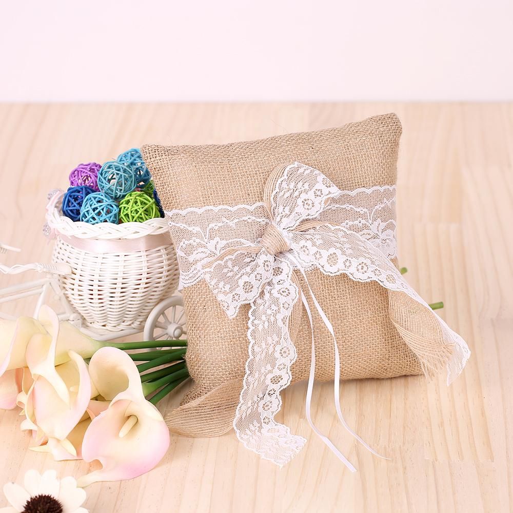 7 * 7 inches Vintage Burlap Lace Bowknot Ring Bearer Pillow and Rustic Wedding Flower Girl Basket Set