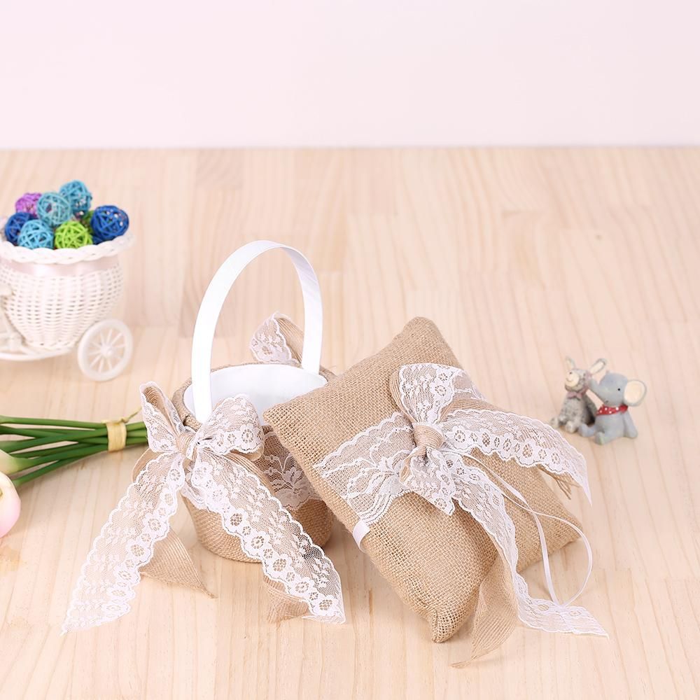 7 * 7 inches Vintage Burlap Lace Bowknot Ring Bearer Pillow and Rustic Wedding Flower Girl Basket Set