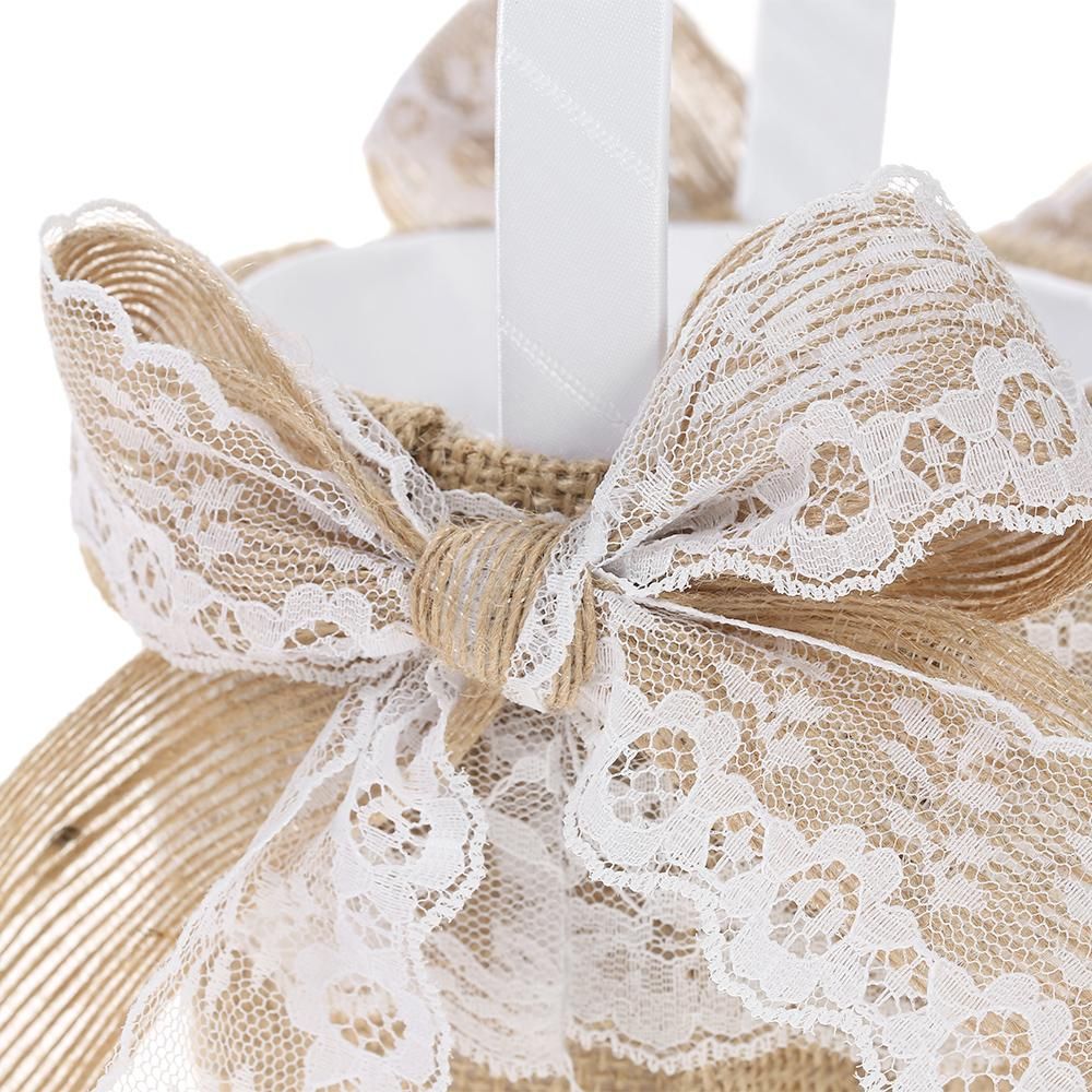7 * 7 inches Vintage Burlap Lace Bowknot Ring Bearer Pillow and Rustic Wedding Flower Girl Basket Set