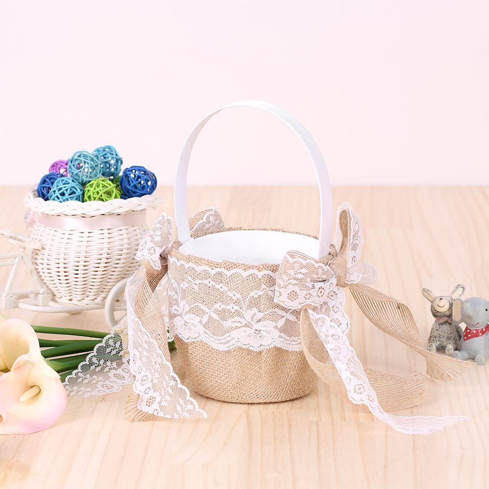 7 * 7 inches Vintage Burlap Lace Bowknot Ring Bearer Pillow and Rustic Wedding Flower Girl Basket Set