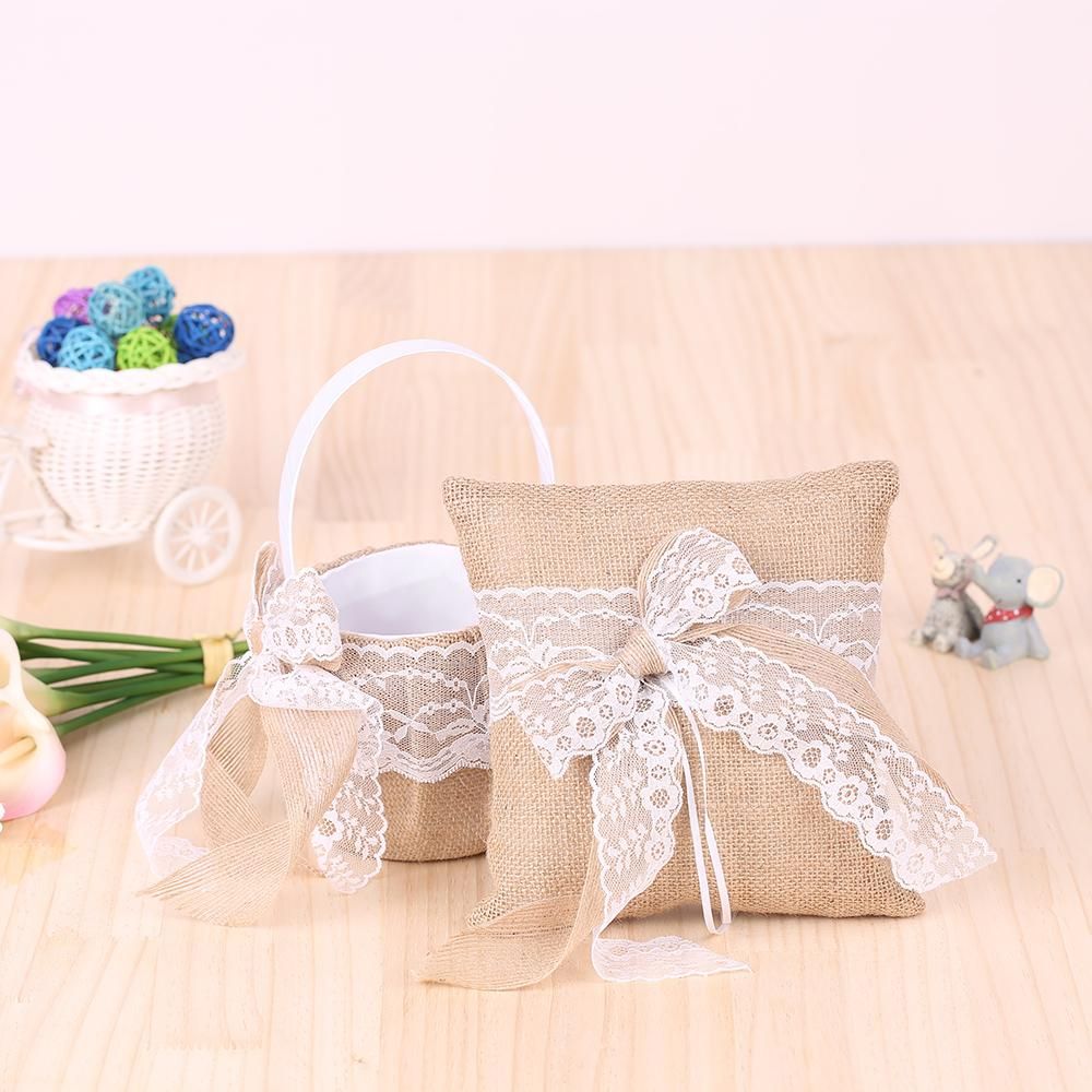 7 * 7 inches Vintage Burlap Lace Bowknot Ring Bearer Pillow and Rustic Wedding Flower Girl Basket Set